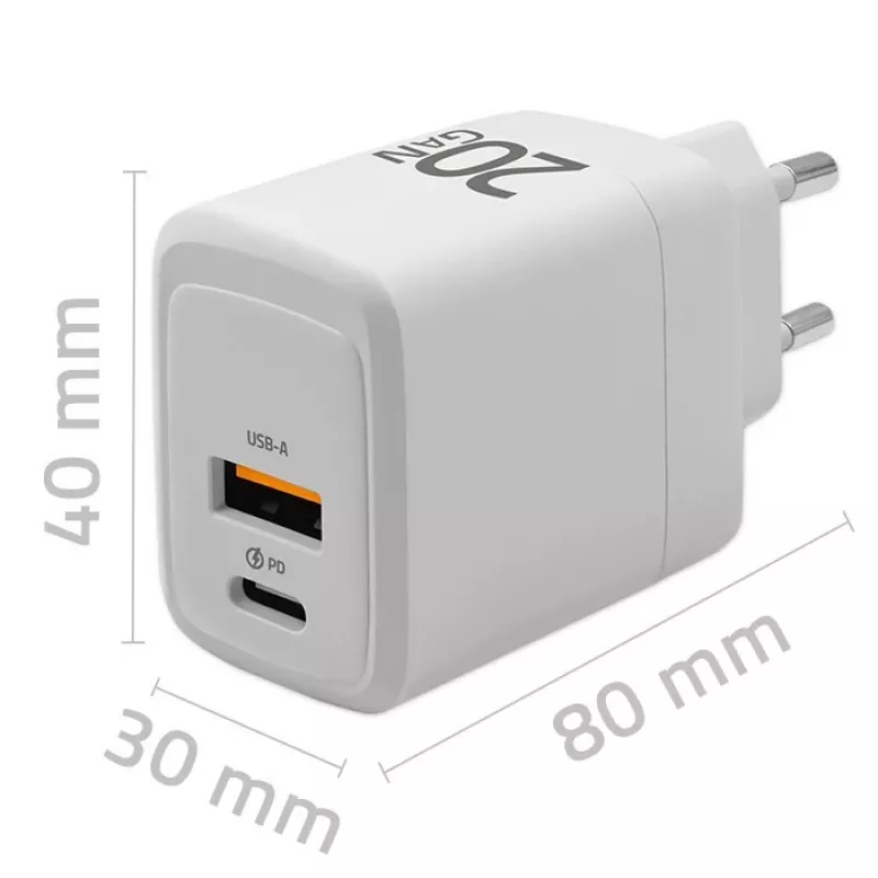 GaN-laturi QOLTEC 51823 20W USB-virtalähde, 5V/20V lähtö