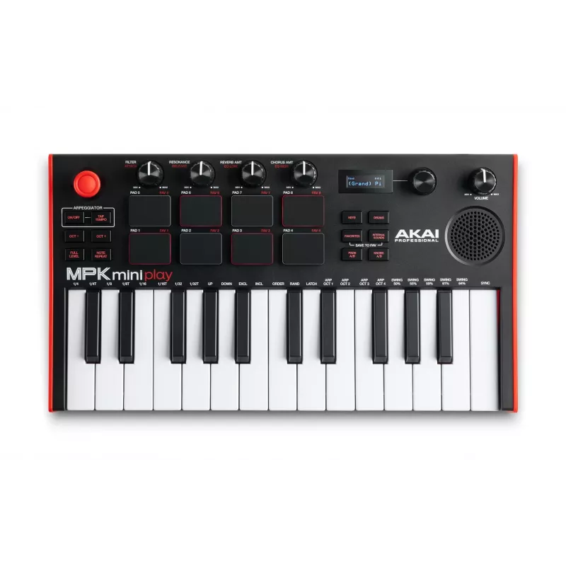 Akai MPK Mini Play MK3 MIDI-ohjainkosketin padiohjaimella, USB, musta/punainen