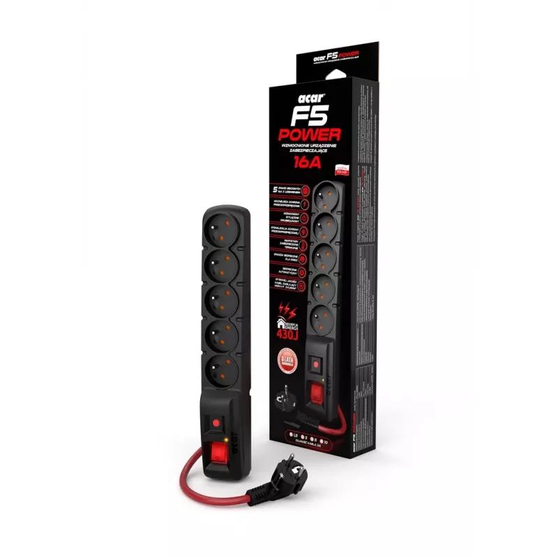 ACAR F5 POWER musta 5 AC-lähtöä 230 V 10 m