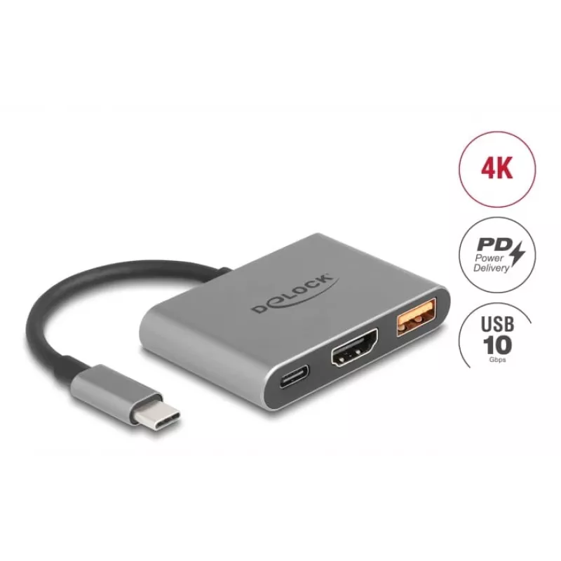 DeLOCK 61071 videokaapeli-sovitin 0,1 m USB Type-C USB Type-C USB Type-A HDMI harmaa