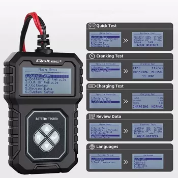 Qoltec digitaalinen akkutesteri LCD-näytöllä | puolankielinen valikko | 12V | AGM | GEL | STD | 30-220AH