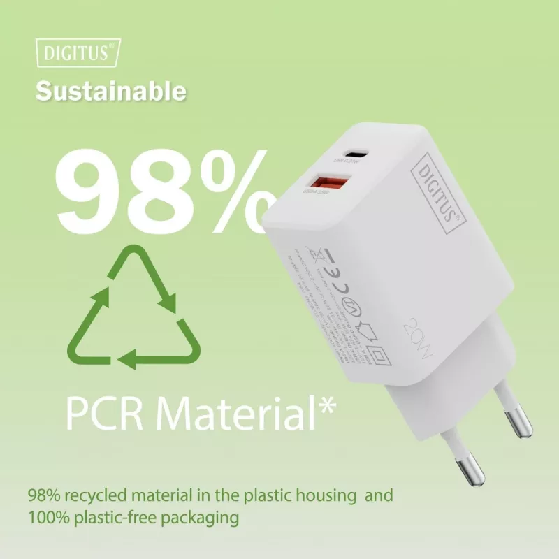 AC USB-laturi DIGITUS 20W, 1x USB-C, 1x USB-A, tulo 100–240V, valkoinen