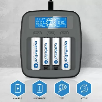 Akkulaturi everActive NC1000MV2 – Ni-MH 4-paikkainen USB-C-laturi, 4 akkua, 5V, musta, 110×99×38 mm