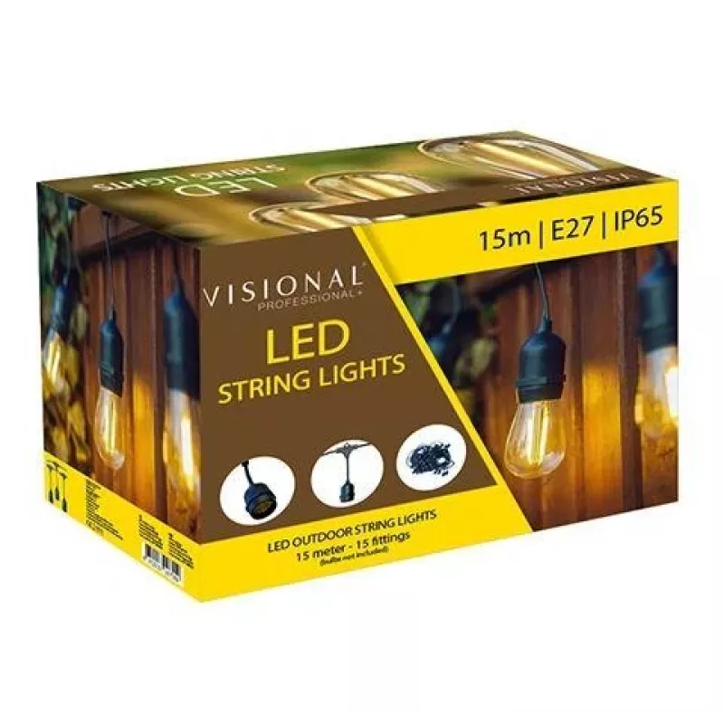 VISIONAL LED-puutarhavaloketju 15 E27-kannalla, 15 m pituus, 1 m väli, musta kaapeli (H05VV-F 2x0,75)