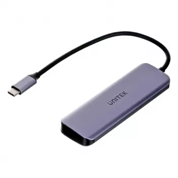 USB-keskitin Unitek P5+ — 5 porttia (4 × USB 3.2 Gen 2 Type-A), USB 3.2 Gen 1 isäntä, 5 Gbit/s, 10 W PD, alumiini, harmaa