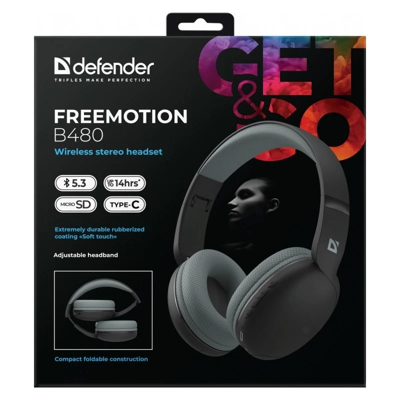 Defender FreeMotion B480 63480 langattomat korvien päälle asetettavat kuulokkeet, Bluetooth 5.3, USB-C, AUX, microSD, enintään 14 h, 20-20000 Hz, mustat