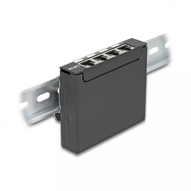 Patch-paneeli DELOCK Mini Desktop RJ45 4-porttia Cat.6A suojattu musta, metalli, 90×22×93 mm