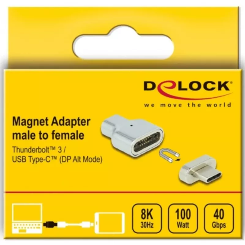 DeLOCK - Thunderbolt / USB-C-sovitin - USB-C (uros) magneettinen - USB-C (naaras) - USB 3.2 Gen 2 / Thunderbolt 3 4,5 A - 8K-tuki - hopea (66433)