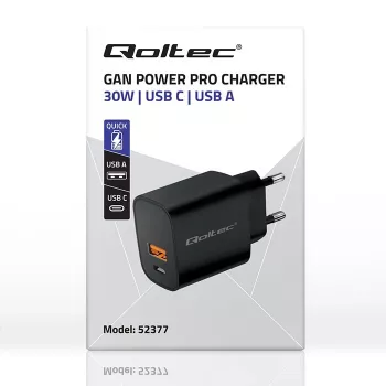 Virtalähde QOLTEC 52377 GaN 30W lähtö 5–20V kannettaville laitteille
