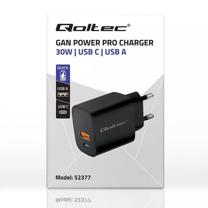 Virtalähde QOLTEC 52377 GaN 30W lähtö 5–20V kannettaville laitteille