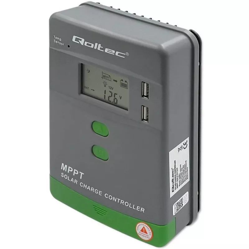 Qoltec, aurinko-MPPT-lataussäädin lämpötila-anturilla 20A 12V/24V LCD-näyttö 2 X USB