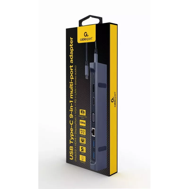 Kannettavan telakka Gembird A-CM-COMBO9-02 USB 3.2 Gen 1 Type-C, HDMI, VGA, 3×USB-A, Gigabit Ethernet, 87W PD, harmaa