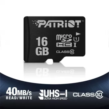 MicroSDHC-muistikortti PATRIOT PSF16GMDC10 — 16 GB, Class 10, UHS-I (U1), 80 MB/s, musta