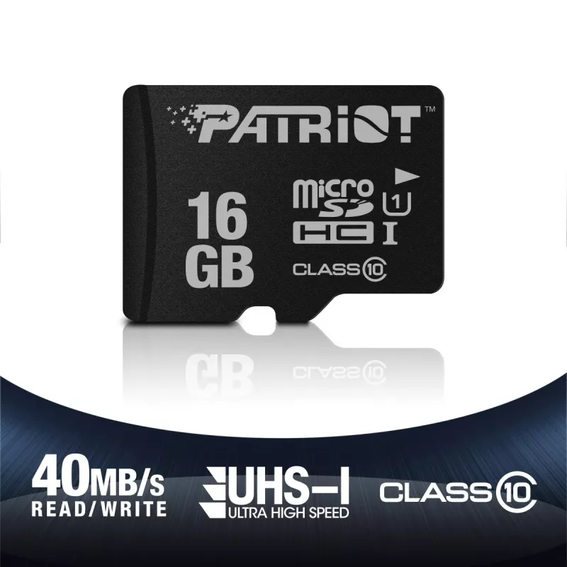 MicroSDHC-muistikortti PATRIOT PSF16GMDC10 — 16 GB, Class 10, UHS-I (U1), 80 MB/s, musta