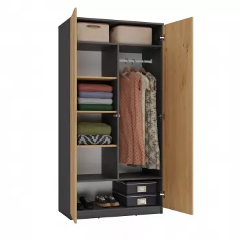 Vaattekaappi top e shop SD-90 ANT/ART KPL — 2-ovinen makuuhuoneen kaappi, 7 hyllytasoa, 900×500×1800 mm
