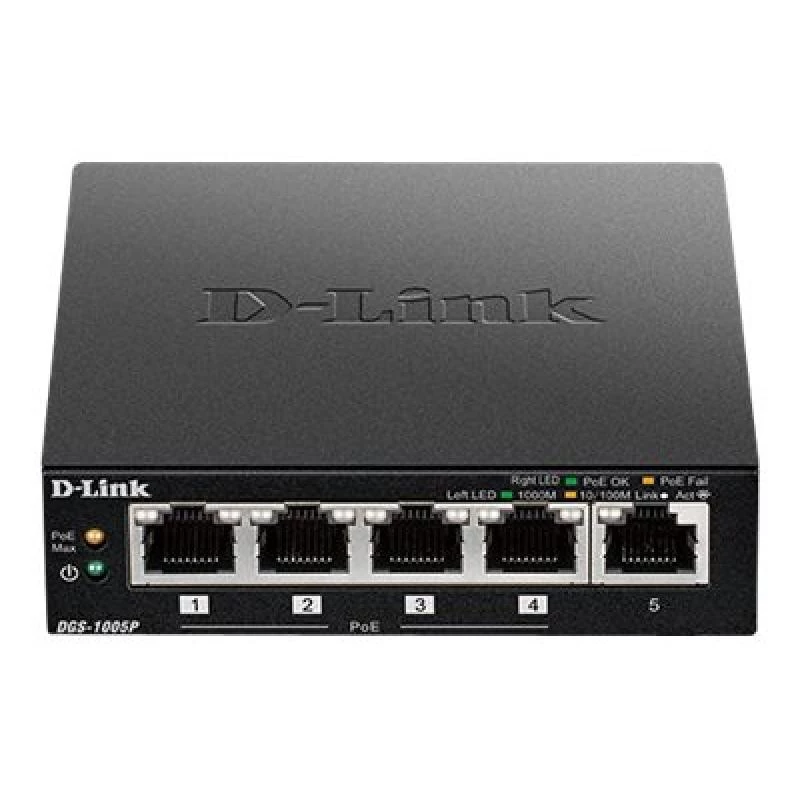 D-Link DGS-1005P/E -verkkokytkin, hallitsematon, Gigabit Ethernet (10/100/1000), Power over Ethernet (PoE), musta
