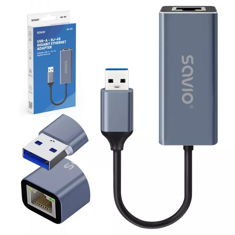 Verkkoliitäntäsovitin SAVIO AK-83 USB Type-A - RJ-45 uros, 5 Gbit/s, musta