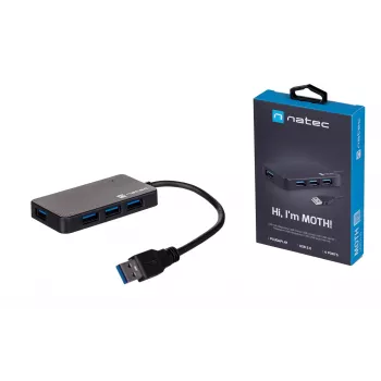 USB-keskitin NATEC Moth 4-porttinen USB 3.2 Gen 1 Type-A (5000 Mbit/s), USB-virralla toimiva, musta, 0,15 m kaapeli