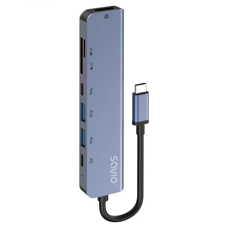USB Type-C -keskitin SAVIO AK-82 HDMI:llä, MicroSD, USB 3.2 Gen1, PD-läpivienti, 4K@30Hz, 5000 Mbit/s, musta