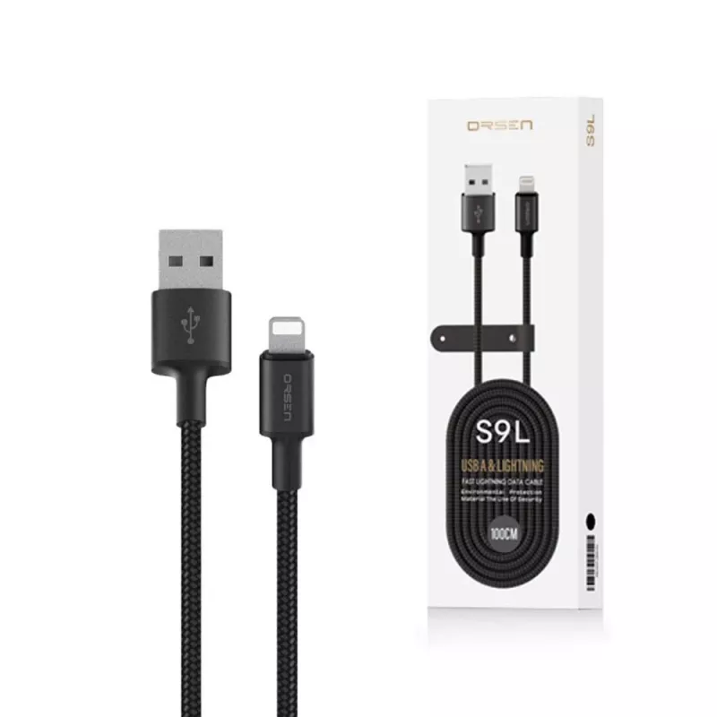 USB-A–Lightning-kaapeli Orsen S9L 1 m 2,1A — musta