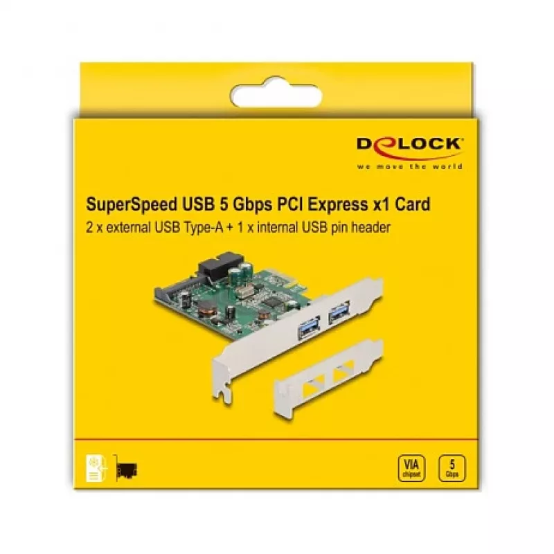 DeLOCK PCI Express x1 -kortti 2 x USB 3.2 Gen 1 Type-A + 1 x sisäinen 19-pin-header
