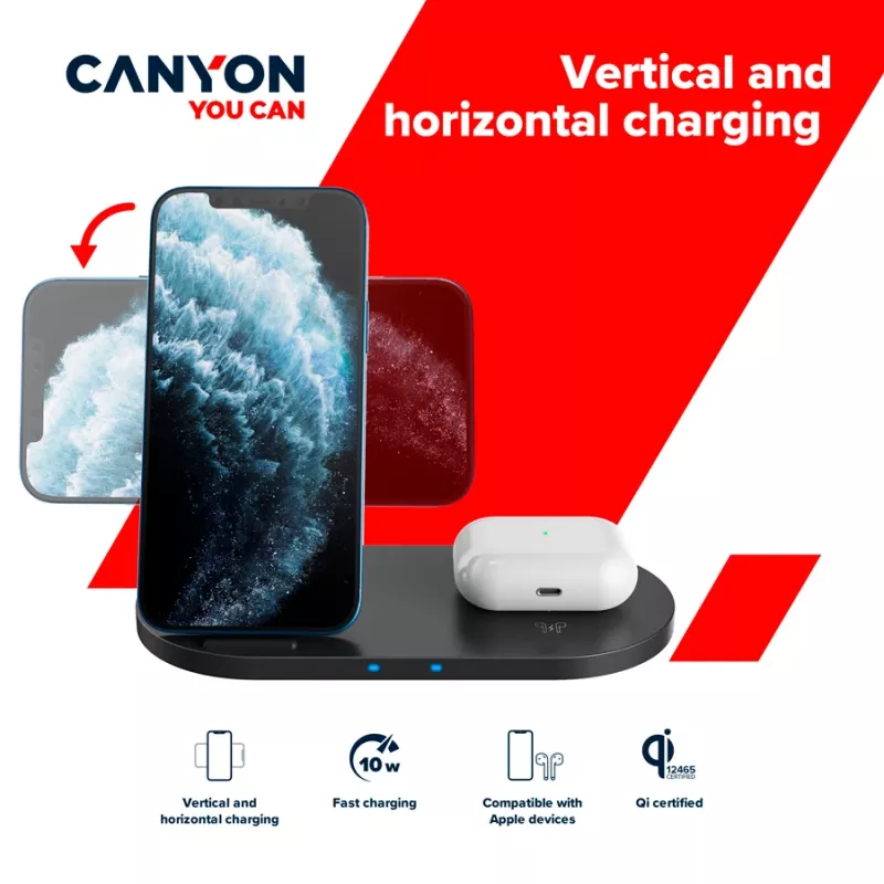 Laturi langaton telakointiasema 2in1 QI 10W/USB-C/LED musta