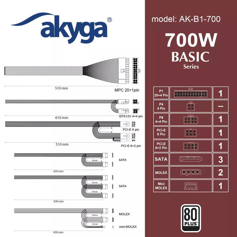 Akyga AK-B1-700 Basic 700 W ATX-virtalähde, passiivinen PFC, 120 mm:n tuuletin, harmaa