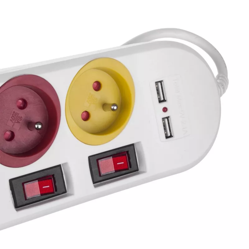 Jatkojohto MACLEAN MCE229W — 4 pistorasiaa, 2× USB, 1,5 m kaapeli, tyyppi F, 10 A, valkoinen