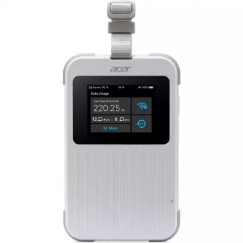 Kannettava reititin Acer Connect M6E 20 GB:llä, Dualband (2,4 GHz + 5 GHz tai 2,4 GHz + 6 GHz), Wi‑Fi 6E, 5G, IP68, 2x2 sisäiset antennit, 4 GB RAM, 2,5 GHz CPU