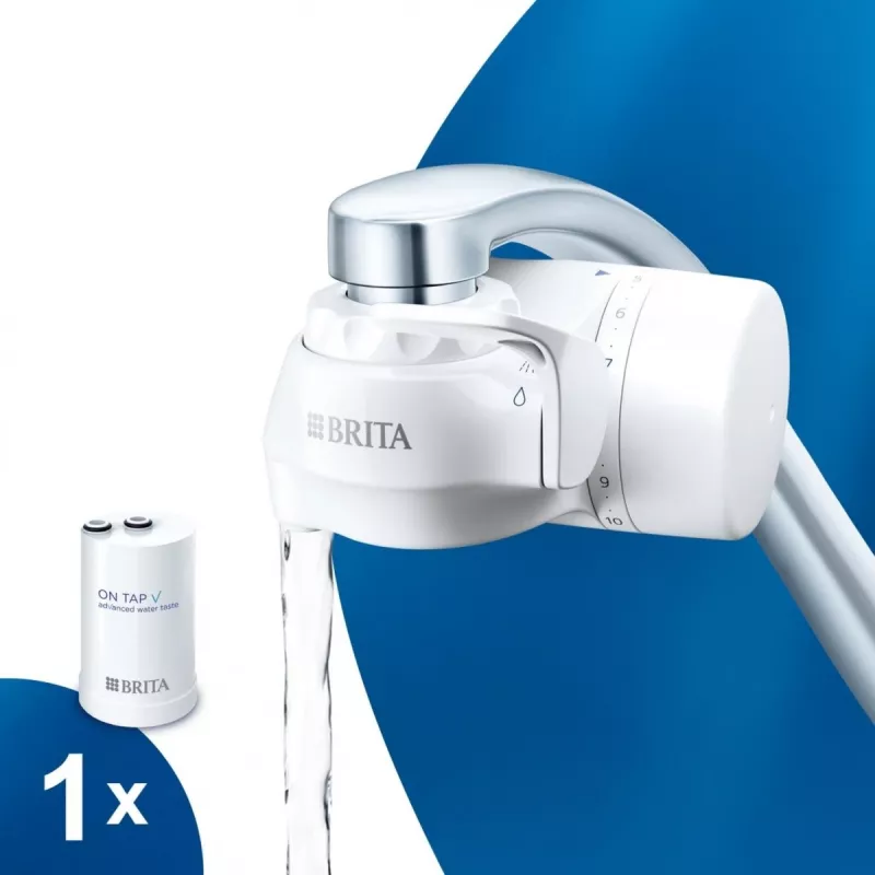Vesihanasuodatin BRITA ON TAP V CU CE2 (1052067) — 4-vaiheinen, 600 L kapasiteetti, 3 tilaa, 5 sovitinta, valkoinen