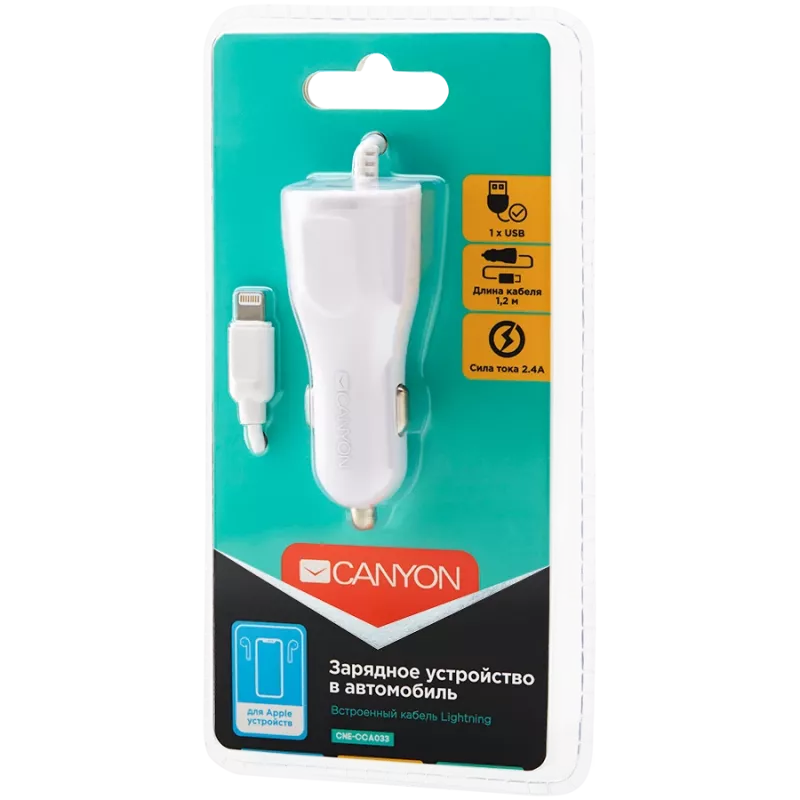 CANYON autolaturi C-033 2,4A/USB-A sisäänrakennetulla Lightning-liitännällä valkoinen