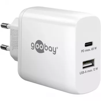 USB-C kaksoispikalaturi, PD, GaN, 65 wattia (valkoinen, 1x USB-C, 1x USB-A, Power Delivery)