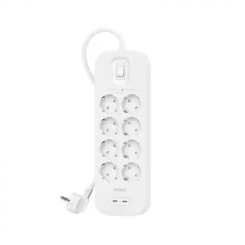 Jatkojohto Belkin SRB004VF2M-V2 — 8 pistorasiaa, 2 USB-C-liitäntää, ylijännitesuoja