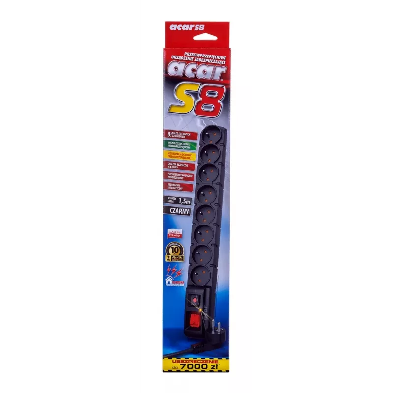 Jatkojohto kytkimellä: 8 pistorasiaa, kaapeli 1,5 m, musta