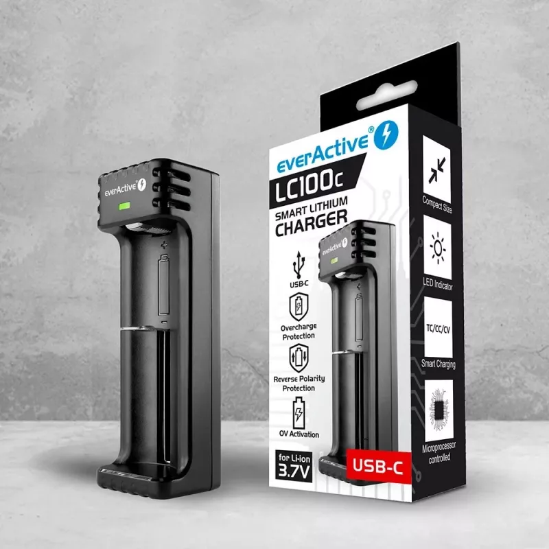 Laturi everActive LC100C USB‑C litiumioniakuille, USB‑C‑tulo, malli LC100C