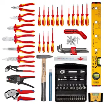 Mekaanikon työkalusarja Knipex 00 21 06 — 68 työkalua, sisältää kärki- ja vesipumppupihdit, punaiset/keltaiset työkalut, musta laukku (515×438×265 mm)