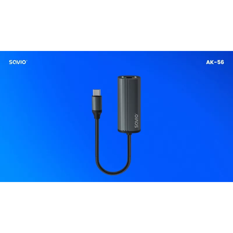 SAVIO adapteri USB-C 3.1 Gen.1 (M) - RJ-45 Gigabit Ethernet (F), 1000 Mbps, AK-56, harmaa