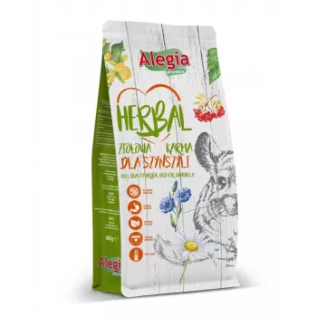Kuivaruoka Alegia Herbal chinchilloille 600 g — täysrehu aikuisille chinchilloille, viljaton, gluteeniton, hedelmän maku