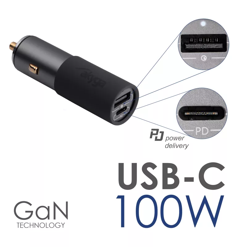 Akyga AK-CH-26 GaN-autolaturi 12/24 V, 100 W, USB-C PD 3.0 + USB-A QC 3.0, harmaa