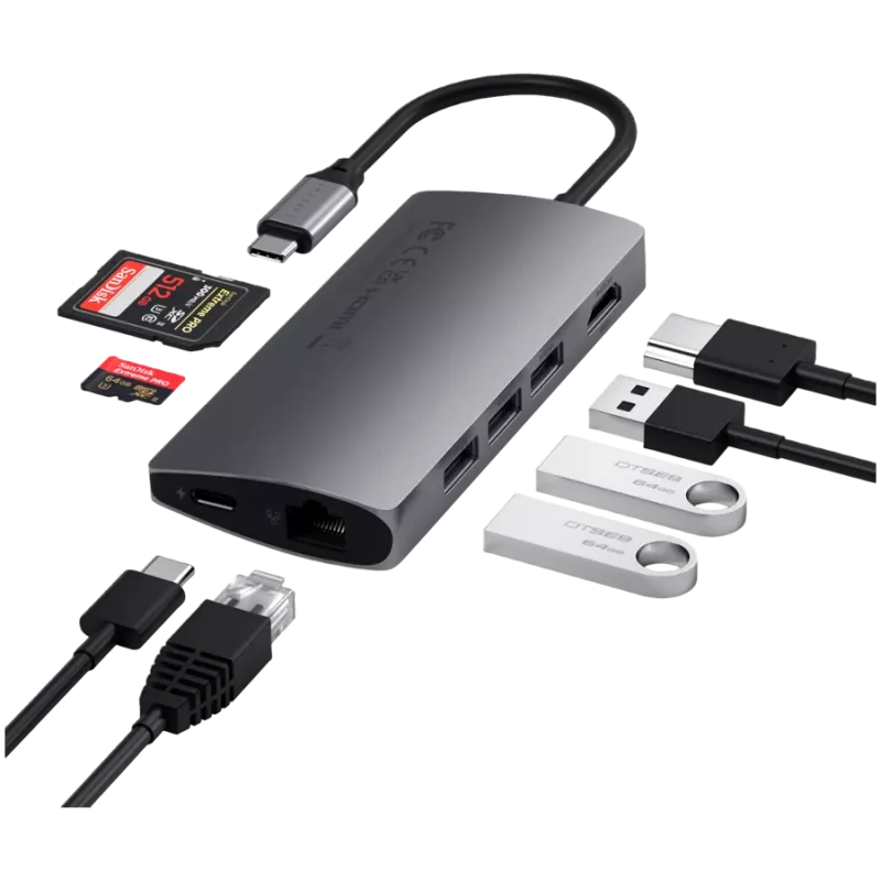 Satechi alumiinisovitin V2 USB-C (USB-C, 3x USB-A, 4K HDMI, kortinlukija micro/SD, Ethernet) (Starlight Grey)