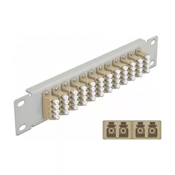 Kuitu-kytkentäpaneeli DeLOCK 10 inch 12 porttia LC Quad beige 1U harmaa