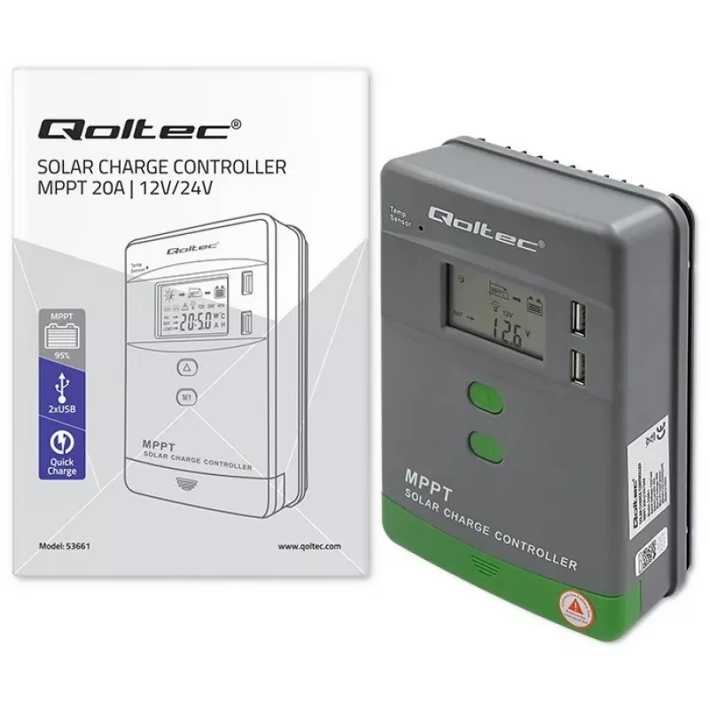 Qoltec, aurinko-MPPT-lataussäädin lämpötila-anturilla 20A 12V/24V LCD-näyttö 2 X USB