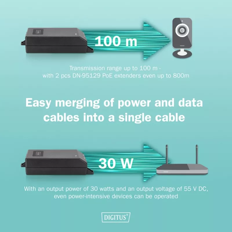 Digitus Gigabit Ethernet PoE+ -injektori 802.3at 30 W musta