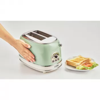 Ariete 155 Design 2 viipaleen leivänpaahdin ja voileipäteline, 6 paahtoastetta, 810 W, ruostumaton teräskotelo, irrotettava murulaatikko, pastellivihreä