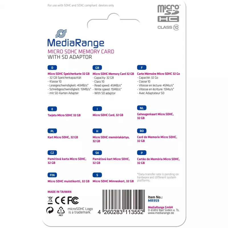 MUISTIKORTTI MICRO SDHC 32GB C10/ADAPTERILLA MR959 MEDIARANGE