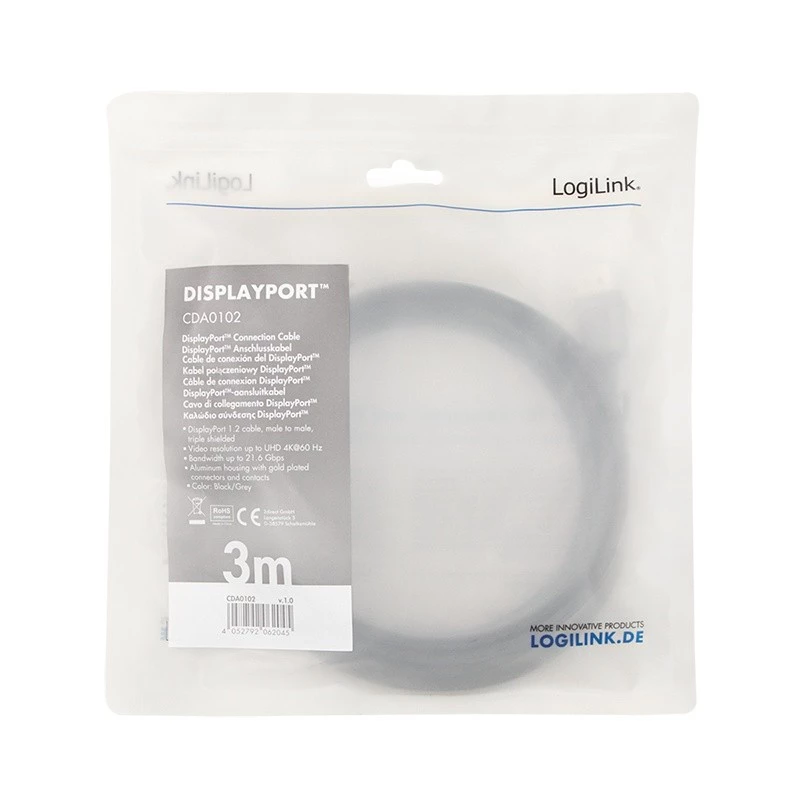 DisplayPort-kaapeli LogiLink CDA0102 3 m harmaa musta