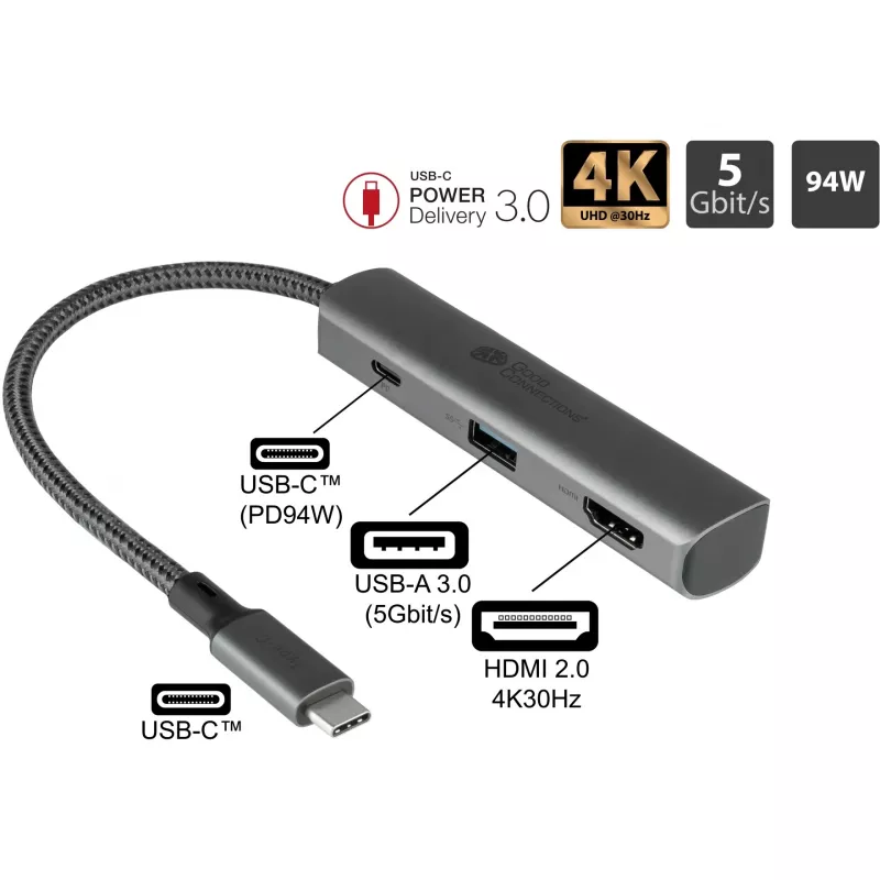 USB Type-C -keskitin Alcasa HUB-C002A 5000 Mbit/s HDMI USB 3.0