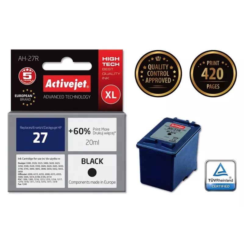 Activejet AH-27R muste (korvaa HP 27 C8727A; Premium; 20 ml; musta)