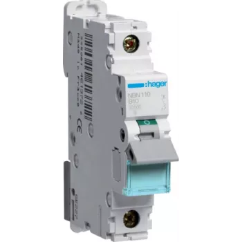 Hager NBN110. Nimellisvirta: 10 A. Tyyppi: B-käyrä, moduulien enimmäismäärä: 1 moduuli. Leveys: 17,5 mm, syvyys: 70 mm, korkeus: 83 mm (NBN110)