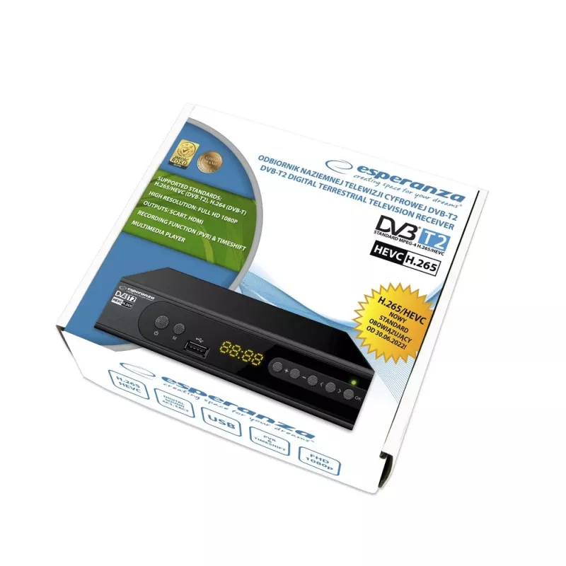 Digiboksi ESPERANZA EV106R kaapeliviritin DVB-T2 / DVB-C HEVC H.265, HDMI, USB, PVR, Dolby Digital, 174–790 MHz, musta